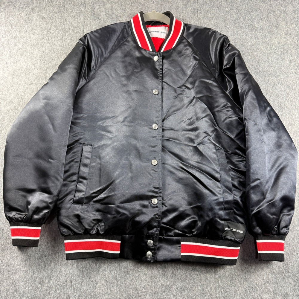 Calvin Klein Jeans PADDED VARSITY‎ Jacket Black Satin Red Striped Trim